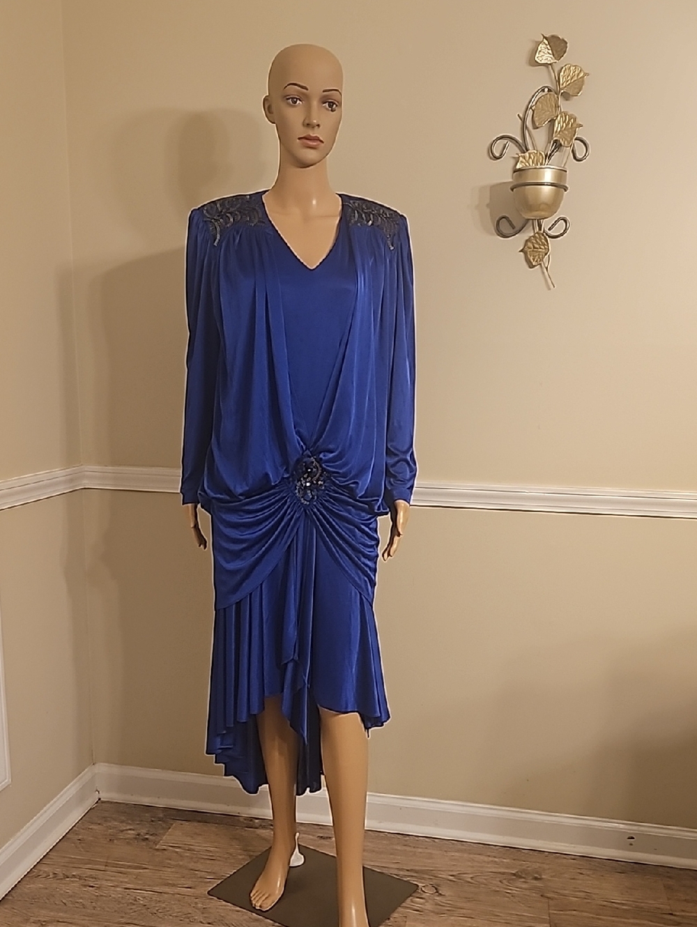 Sapphire Blue Draped High-Low Vintage Evening Dress with Embellished Shoulders